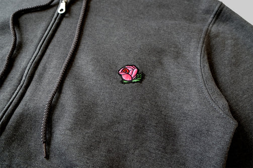 Basic Zip-Up Hoodie with Embroidery Rosebud (Dark Heather)